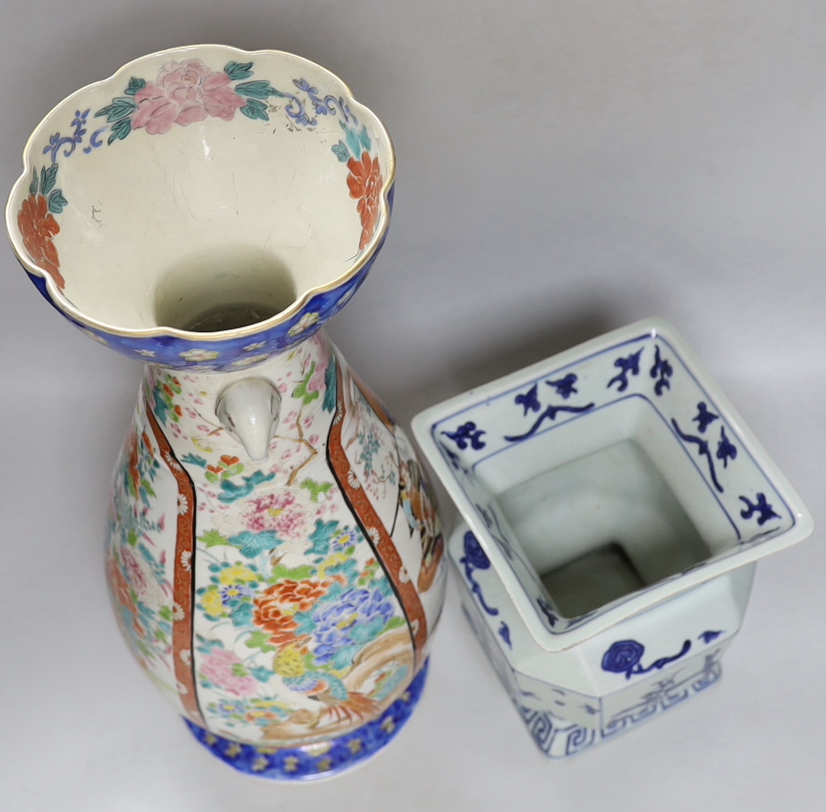 A large Japanese porcelain vase and a Chinese blue and white vase, Japanese vase 46cm high